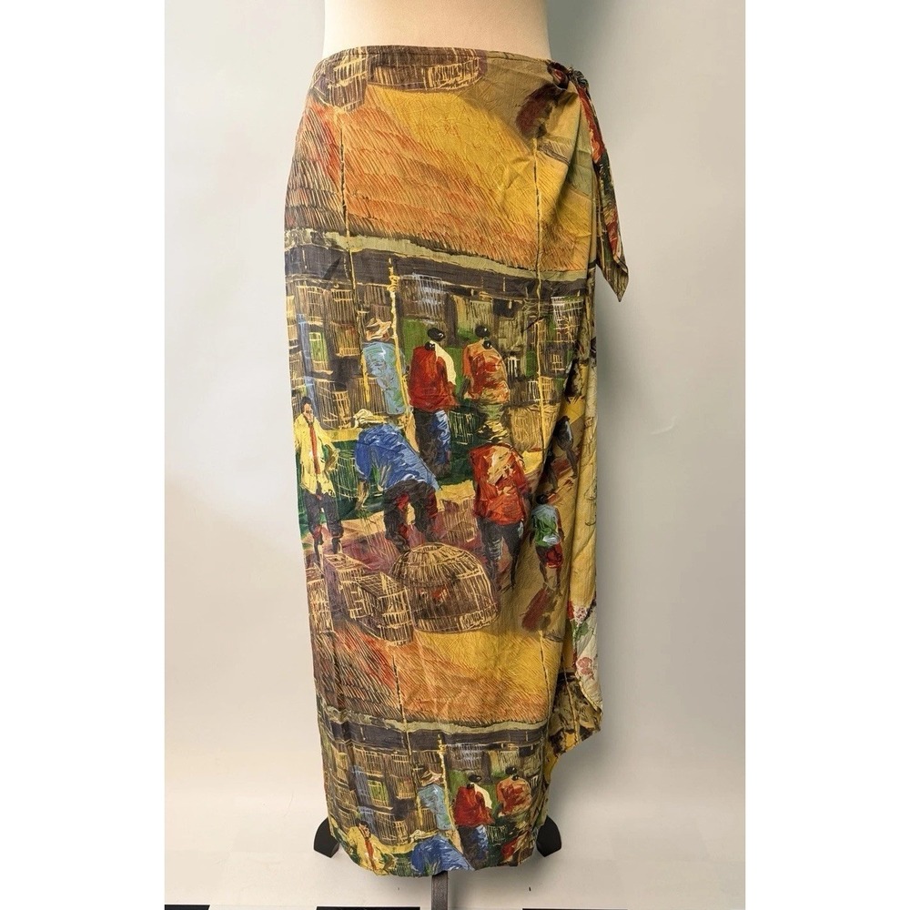 Vintage Jams World Wrap Skirt Village Market Painted Scene Art MCM Unique XL